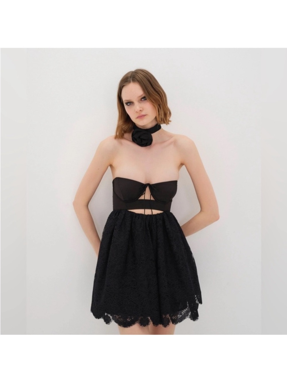 For Love & Lemons Regina Black Lace Strapless Mini Dress